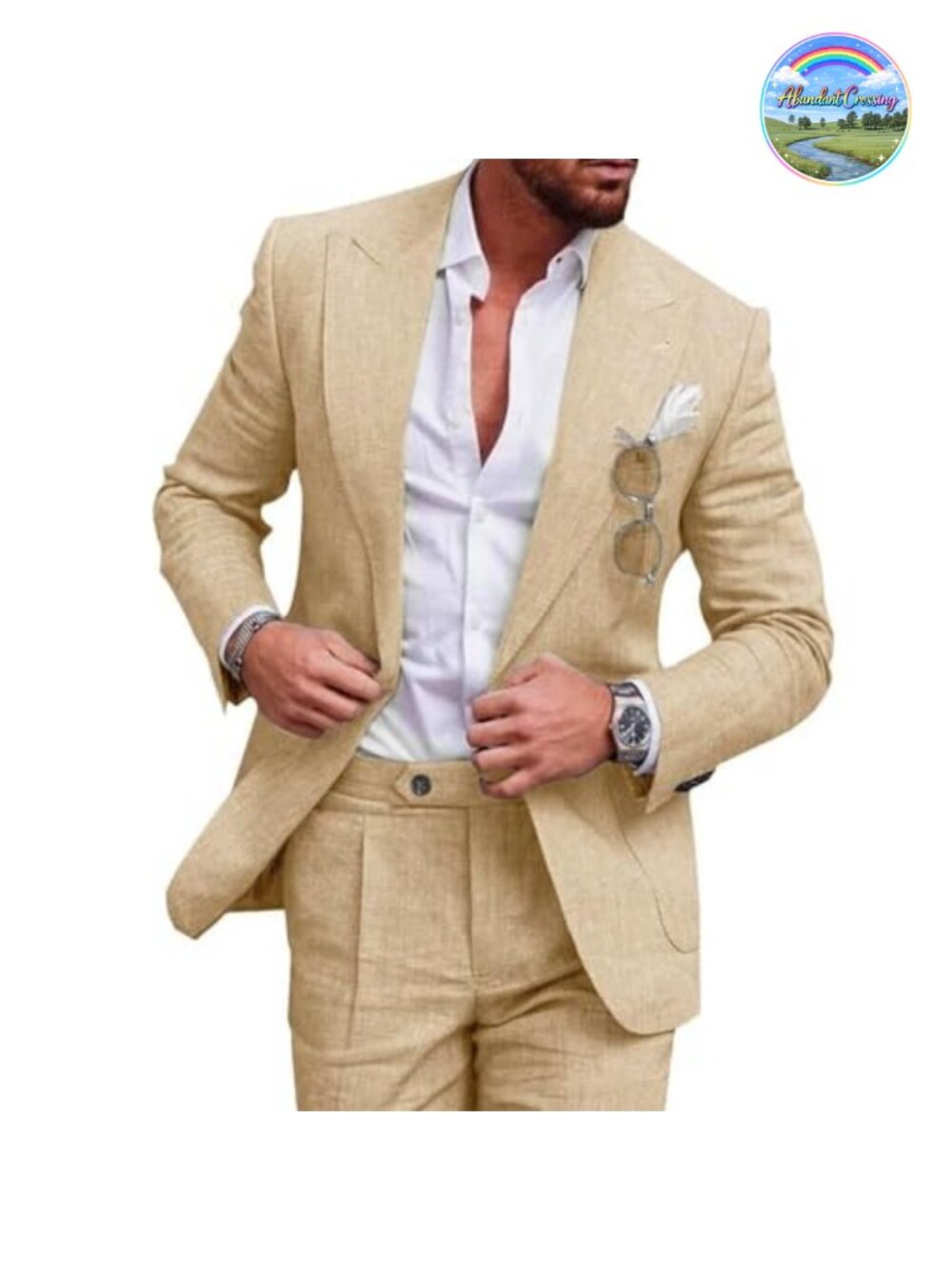 Linen Suit for Men 2 Piece Set Classic Fit Summer Wedding Beach